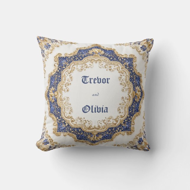 Elegant Victorian Royal Blue and Gold Baroque Cushion (Front)