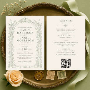 Elegant Victorian Sage Green QR Code Wedding Invitation