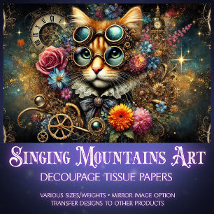 Elegant Victorian Steampunk Tabby Cat Decoupage  Tissue Paper