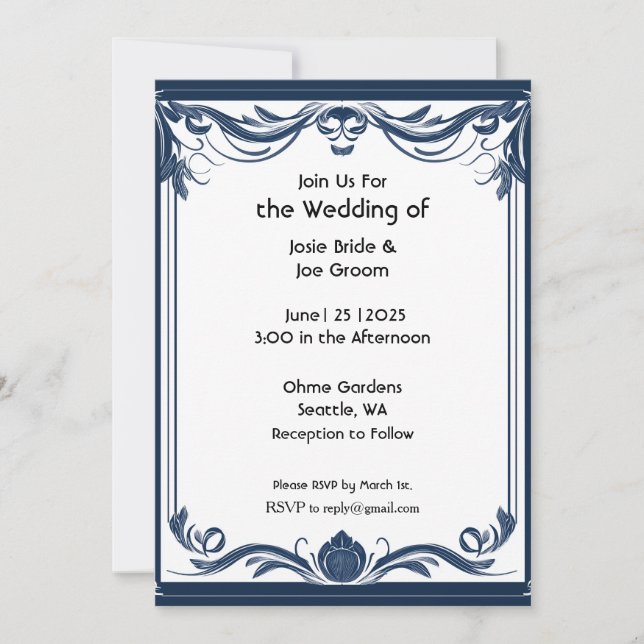 Elegant Victorian style blue wedding invitation (Front)