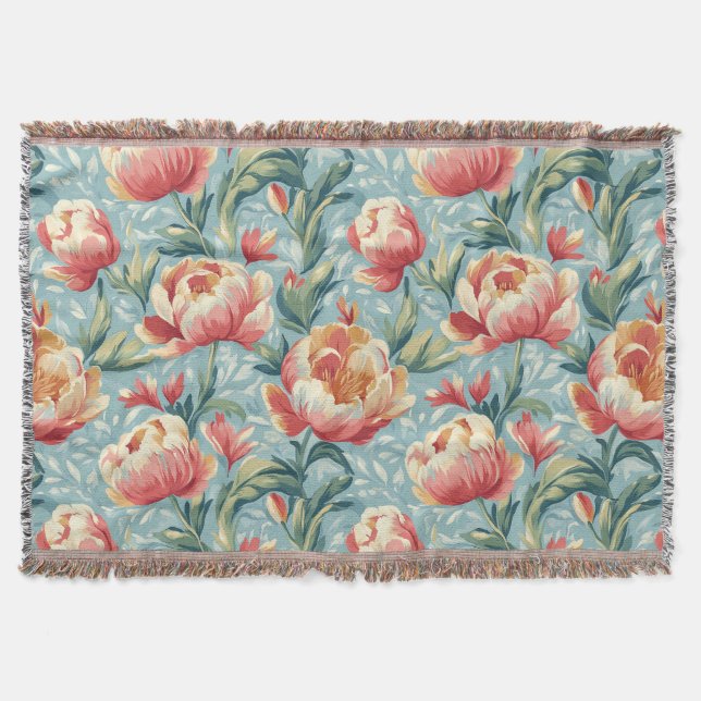 Elegant Victorian Style Floral Peonies Tulips Throw Blanket (Front)