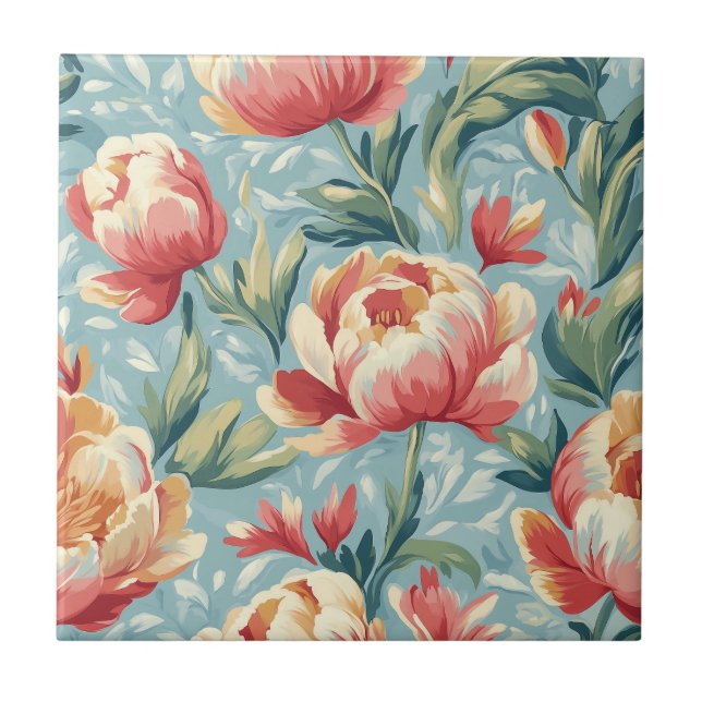 Elegant Victorian Style Floral Peonies Tulips Tile (Front)