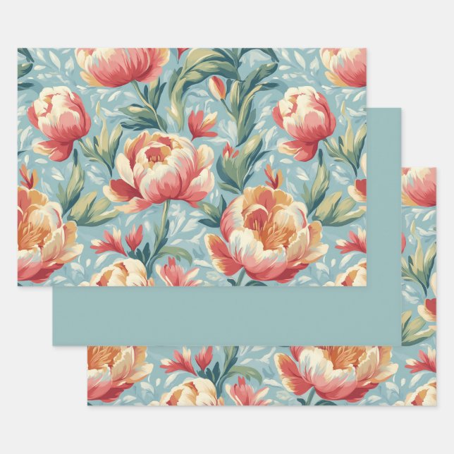 Elegant Victorian Style Floral Peonies Tulips Wrapping Paper Sheet (Set)
