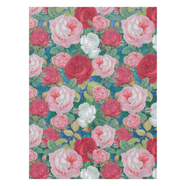 Elegant Victorian Watercolor Red and Pink Roses | Tablecloth (Front)