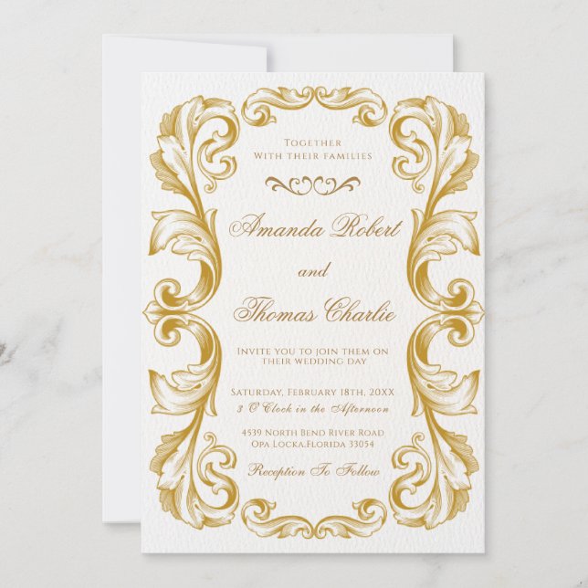 Elegant Victorian White and Gold Wedding  Invitation (Front)