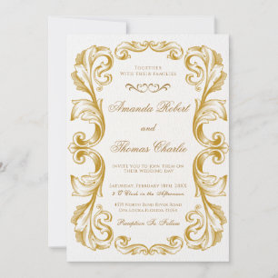 Elegant Victorian White and Gold Wedding Invitation
