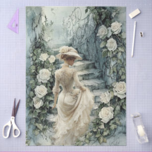 Elegant Victorian White Rose Staircase Decoupage Tissue Paper