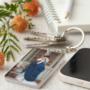 Elegant Victorian Woman Reading in Library  Key Ring