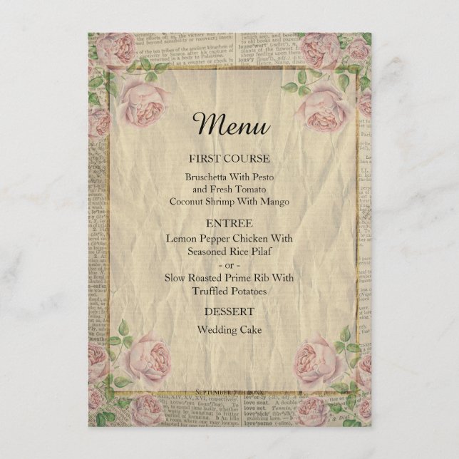 Elegant Vinatge Dictionary Print with Roses Menu (Front)
