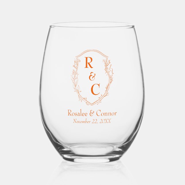 Elegant Vine Crest Couple's Monogram Persimmon Stemless Wine Glass (Front)