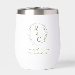 Elegant Vine Crest Monogram + Date Moss Green