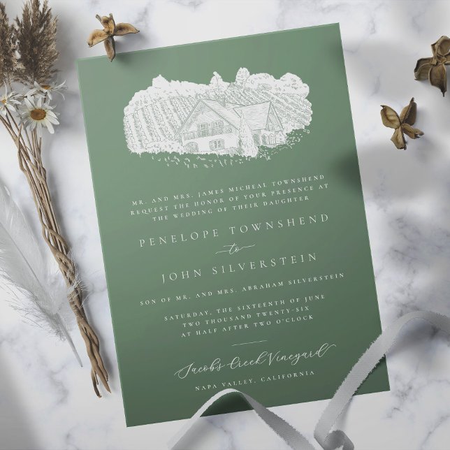 Elegant Vineyard Drawing Green Formal Wedding  Invitation (Sage green formal wedding invitation with an illustration of a vineyard)