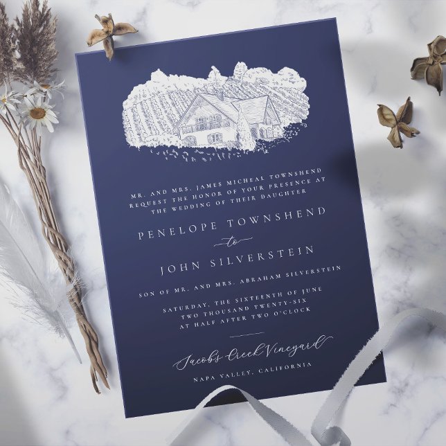 Elegant Vineyard Drawing Navy Blue Formal Wedding  Invitation (navy blue formal wedding invitation with an illustration of a vineyard)