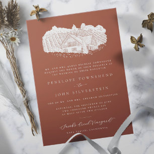 Elegant Vineyard Drawing Orange Formal Wedding  Invitation