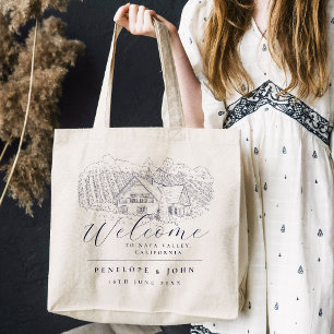 Elegant Vineyard Illustration Destination Wedding Tote Bag