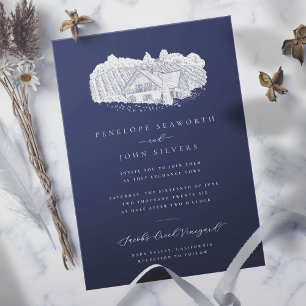 Elegant Vineyard Illustration Navy Wedding Invitation