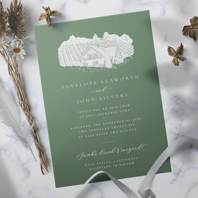 Elegant Vineyard Illustration Sage Green Wedding Invitation (Sage green wedding invitation with an illustration of a vineyard)