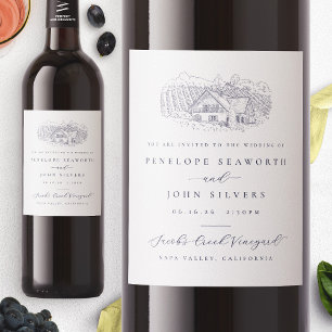 Elegant Vineyard Illustration Wedding Invitation Wine Label