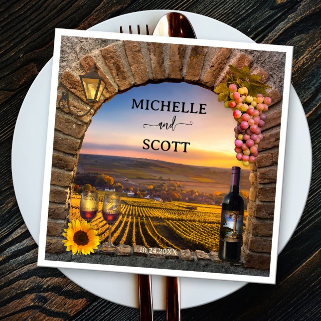 Elegant Vineyard Wine Themed Wedding Napkin (Italian style classic napkin featuring a Roman arch with grapes, wine and vineyard landscape)