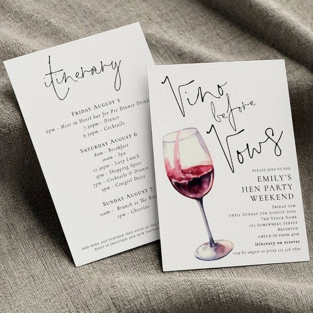 Elegant Vino Before Vows Hen Party Weekend Invitation (Front and back view)