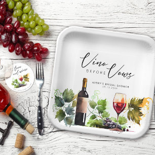 Elegant Vino Before Vows Vintage Wine Watercolor Paper Plate