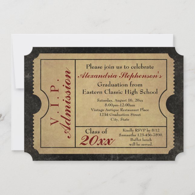 Elegant Vintage Admission Ticket Custom Graduation Invitation (Front)