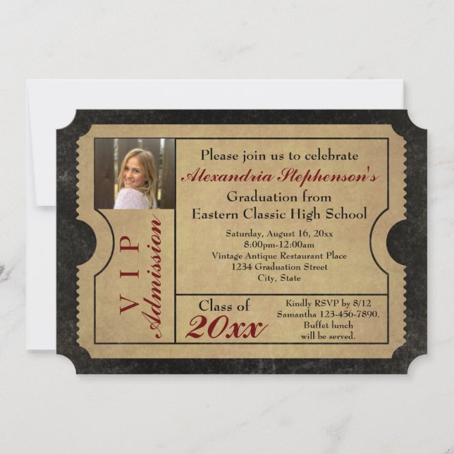 Elegant Vintage Admission Ticket Photo Graduation Invitation (Front)