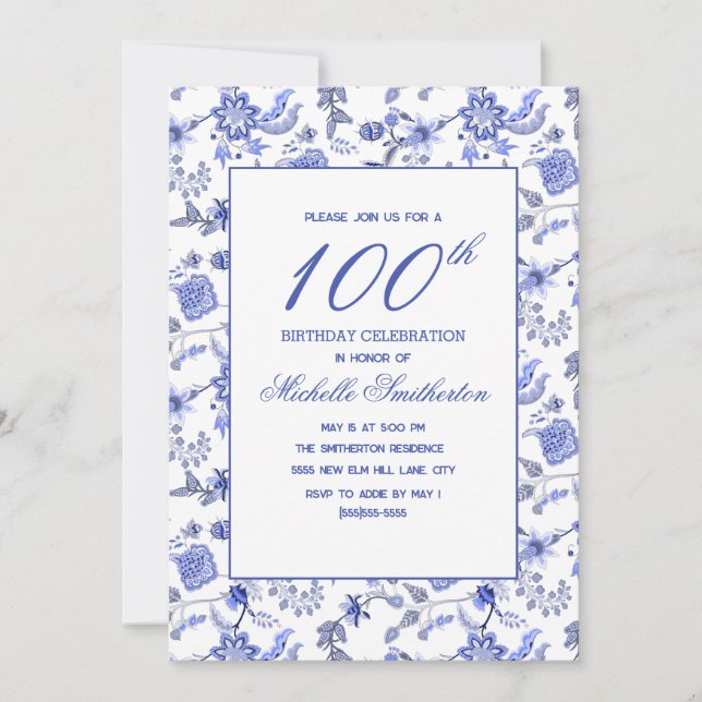 Elegant Vintage Antique Blue Floral 100th  Invitation (Front)