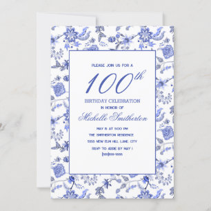 Elegant Vintage Antique Blue Floral 100th  Invitation