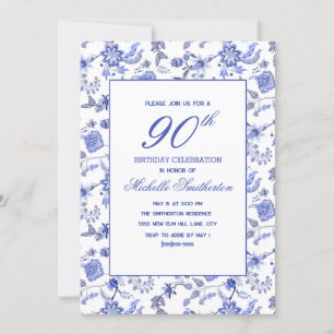 Elegant Vintage Antique Blue Floral 90th Invitation