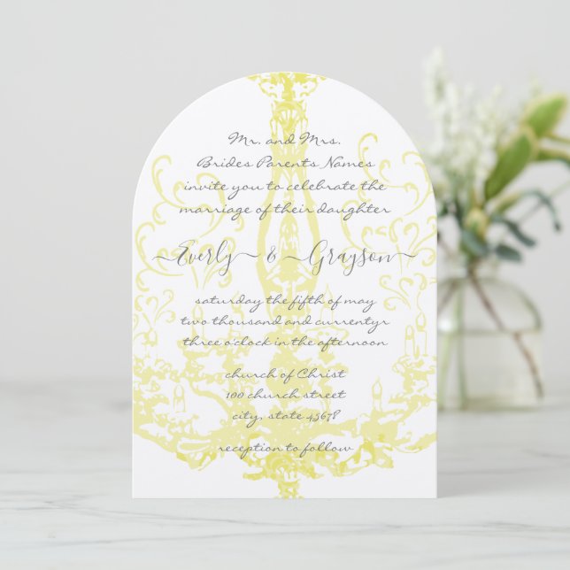 Elegant Vintage Antique Yellow Chandelier Wedding Invitation (Standing Front)