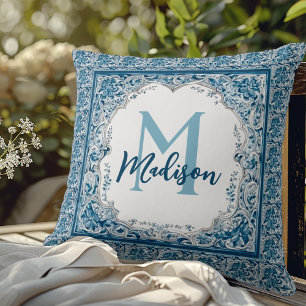 Elegant Vintage Aqua Blue Floral Monogram Cushion