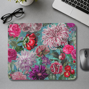 Elegant Vintage aqua blue Floral monogram Mouse Mat