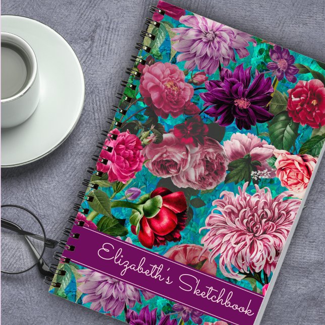 Elegant Vintage aqua blue Floral monogram Notebook (Creator Uploaded)
