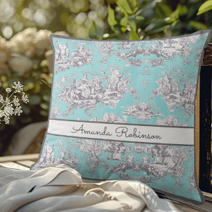 Elegant Vintage Aqua Blue Toile de Jouy Monogram Cushion