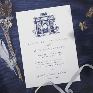 Elegant Vintage Arc de Triomphe Drawing Wedding Invitation
