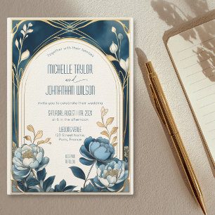 Elegant Vintage Art Nouveau Blue Peonies Mucha Invitation