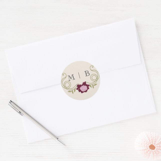 Elegant Vintage Art Nouveau Burgundy Pink Flowers Classic Round Sticker (Envelope)