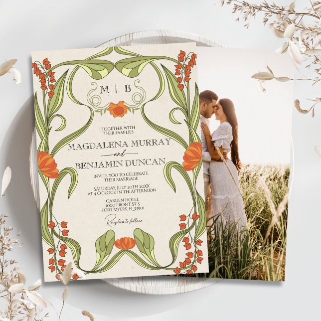 Elegant Vintage Art Nouveau Floral Photo Wedding Invitation (Creator Uploaded)