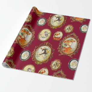 Elegant Vintage Art Nouveau Girls Flowers Frames  Wrapping Paper