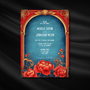 Elegant Vintage Art Nouveau Red Peonies Mucha Invitation