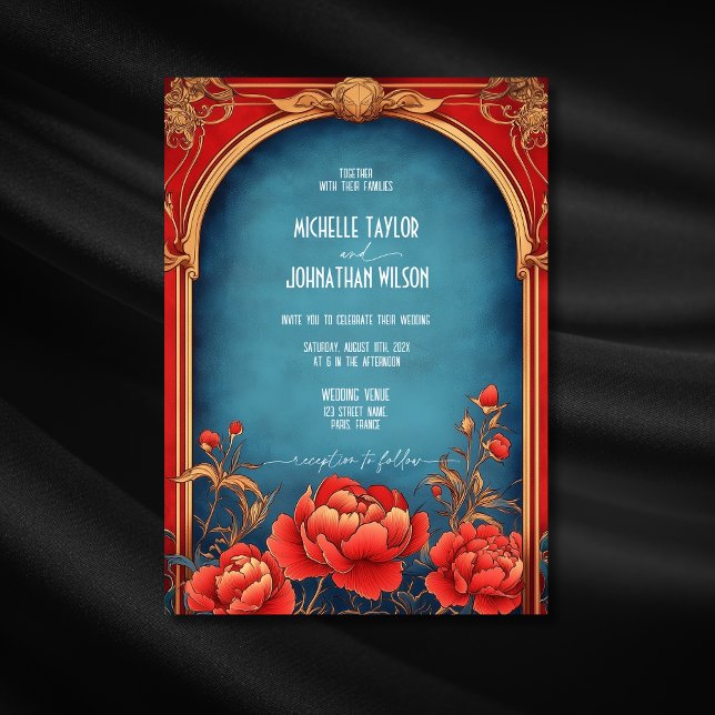 Elegant Vintage Art Nouveau Red Peonies Mucha Invitation (Creator Uploaded)