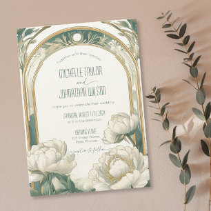 Elegant Vintage Art Nouveau White Peonies Mucha Invitation