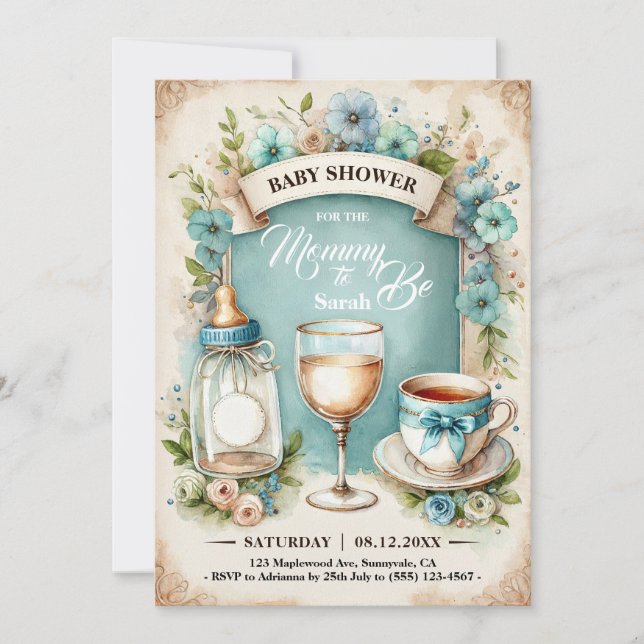 Elegant Vintage Baby Boy Tea Party Shower  Invitation (Front)