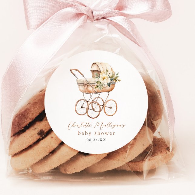 Elegant Vintage Baby Carriage Shower Classic Round Sticker (Vintage baby carriage gender neutral baby shower favor sticker or envelope enclosure.)