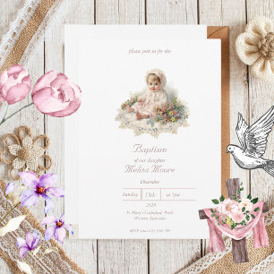 Elegant Vintage Baby Girl Baptism  Invitation