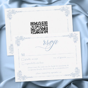 Elegant Vintage Baroque Dusty Blue Wedding QR RSVP Card