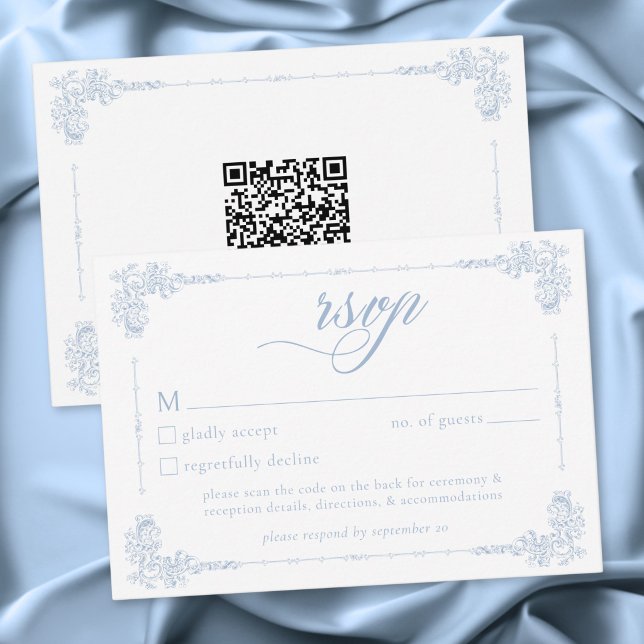 Elegant Vintage Baroque Dusty Blue Wedding QR RSVP Card (Elegant Vintage Baroque Dusty Blue Wedding QR Code RSVP Card)