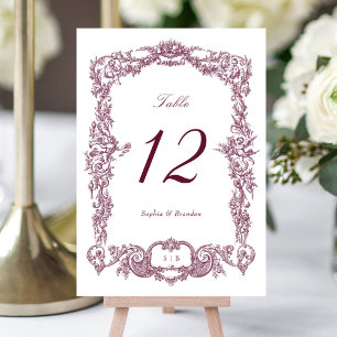 Elegant Vintage Baroque Floral Frame Burgundy Table Number