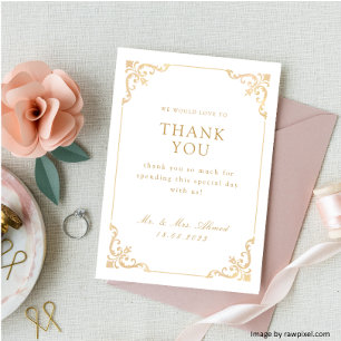 Elegant Vintage Baroque Frame Gold Script Wedding Thank You Card